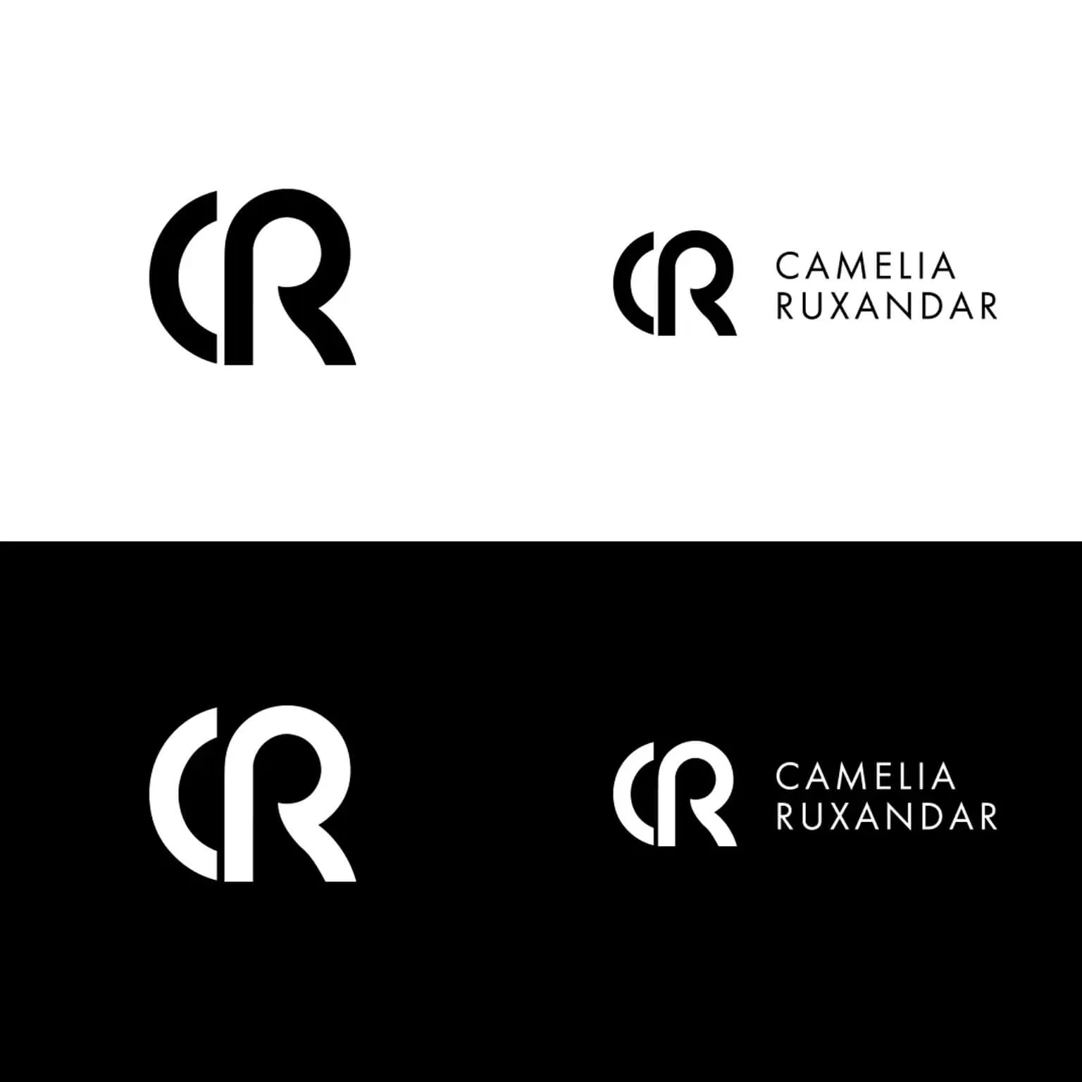 Logo-ul și numele Cameliei Ruxandar, în variantele negru pe alb și alb pe negru