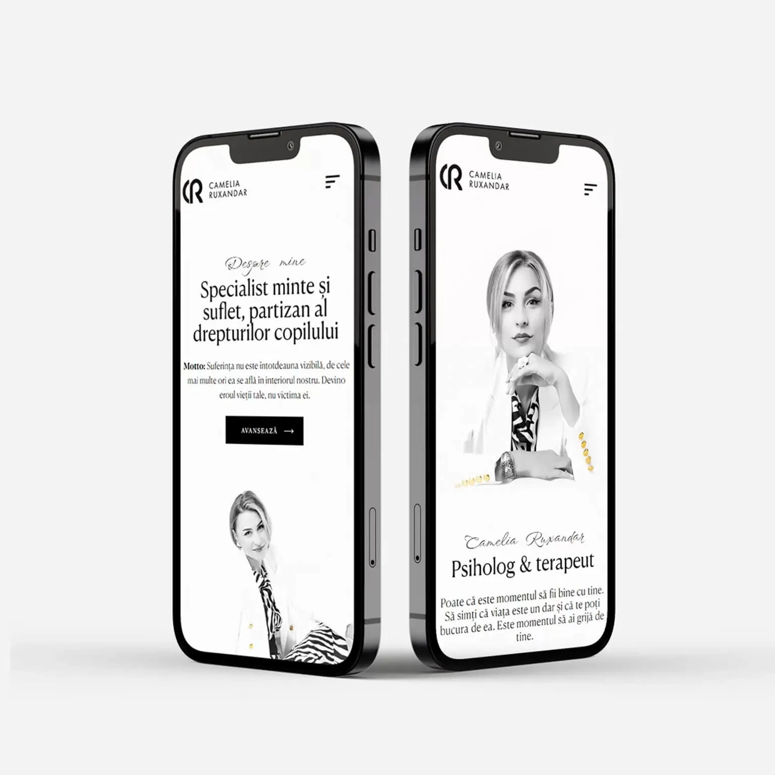 Ecrane ale site-ului Camelia Ruxandar pe mobil, cu introducerea "Despre mine" și biografia de psiholog