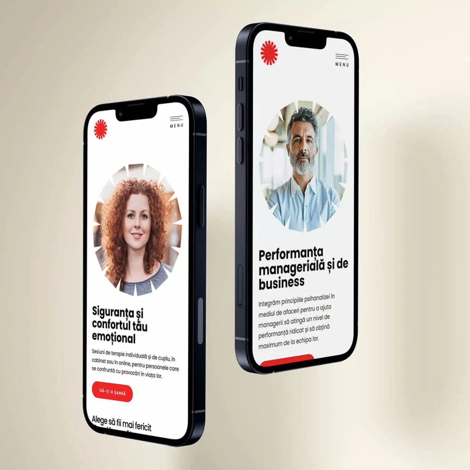 Ecrane ale site-⁠ului Insidemind pe mobil, pentru terapia individuală și pentru serviciile de performanță în afaceri și management