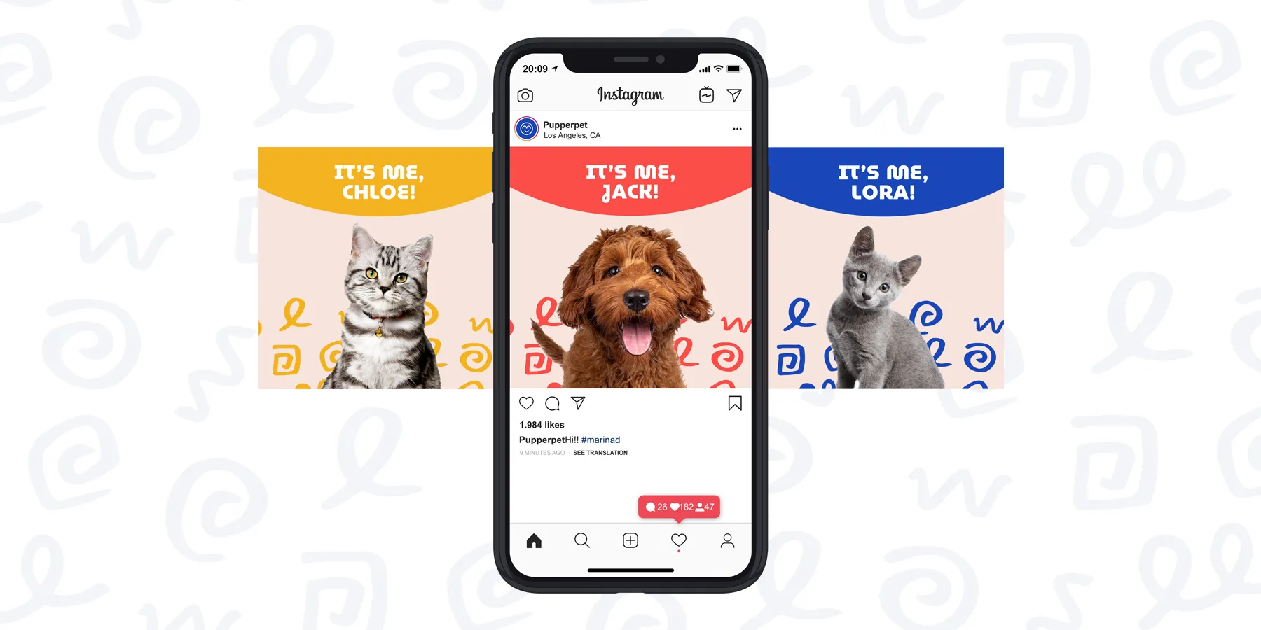 Machetă de postare Instagram Pupperpet, cu fotografii de animale și descrierea "It's me, Chloe/Jack/Lora"